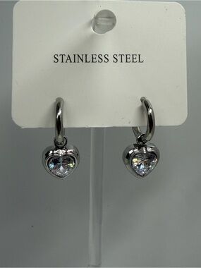 Silver Stainless dangle Heart shapes Earrings with Clear Crystal hoops